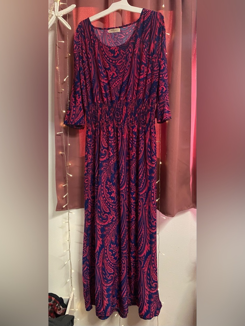 Pink & Blue Paisley Maxi Dress with Smocked Waist